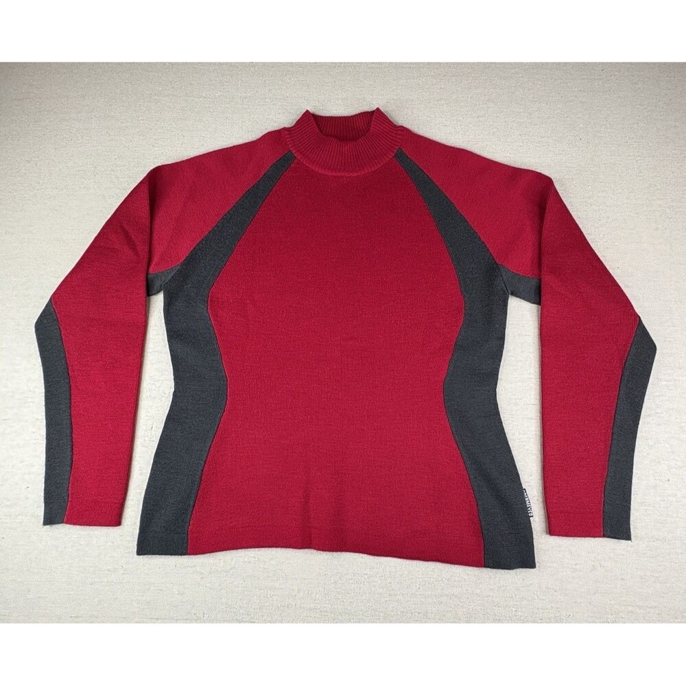 Vtg Obermeyer Taylor Women L Wool Ski Sweater Red Charcoal Gray Mock Neck Retro